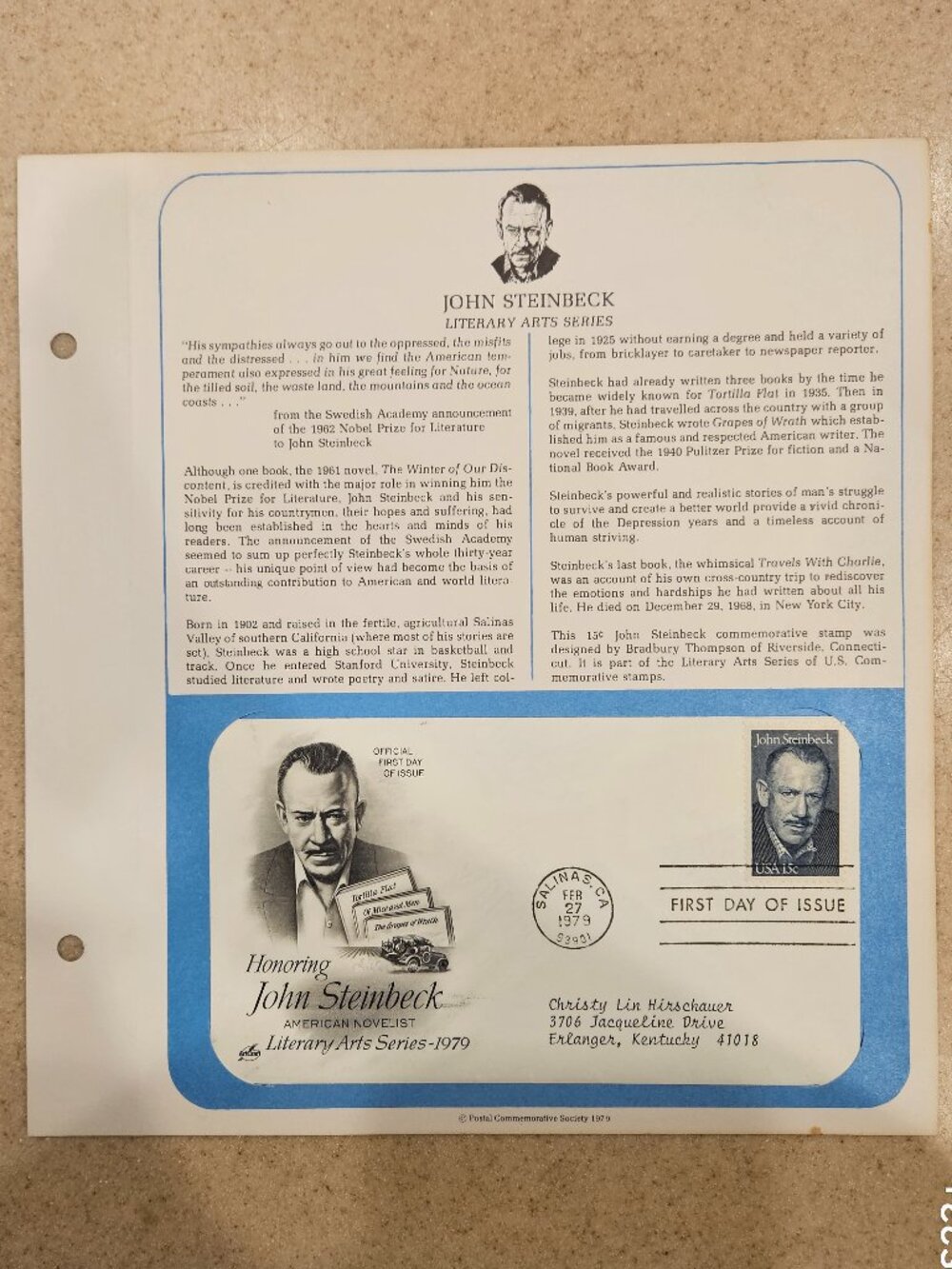RARE COLLECTIBLE USPS 1ST DAY ISSUE COVER JOHN STEINBECK NOVELIST STAMP ENVELOPE